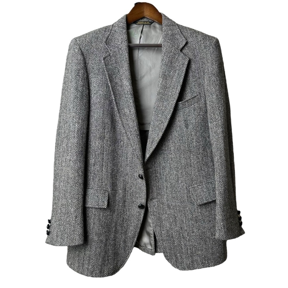 Vintage Adams Row Harris Tweed Size Large Herringbone Gray Wool Blazer